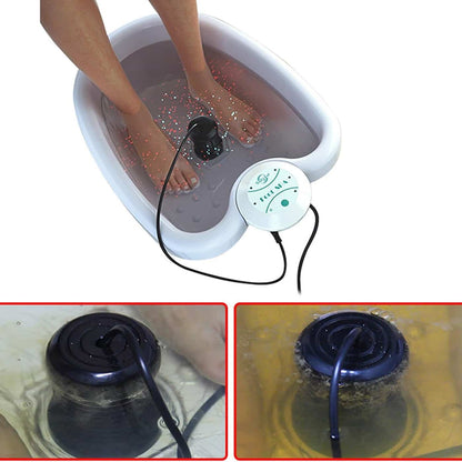 DetexFeet Ionic Foot Detox Machine with a foot massager and close-up of the massager components.