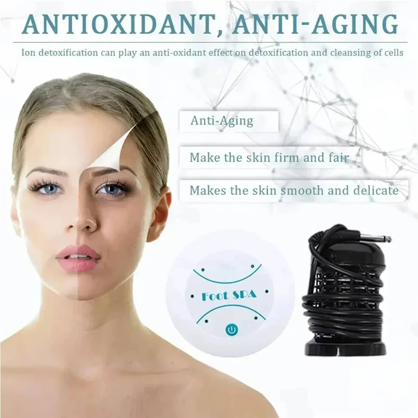 DetexFeet Ionic Foot Detox Machine with text on antioxidant and anti-aging benefits, displayed against a white background.