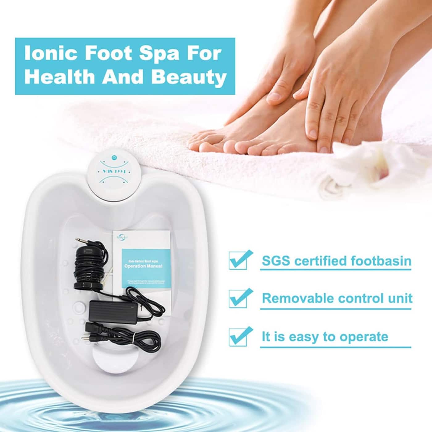 DetexFeet Ionic Foot Detox Machine spa for health and beauty with text highlighting features on a white background