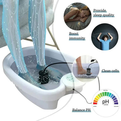 DetexFeet Ionic Foot Detox Machine with water flowing over feet, surrounded by text and images related to health benefits.