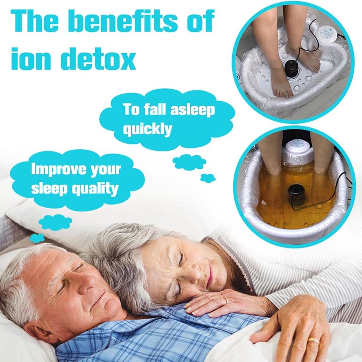 Couple sleeping with text about the benefits of ion detox, including falling asleep quickly and improving sleep quality.