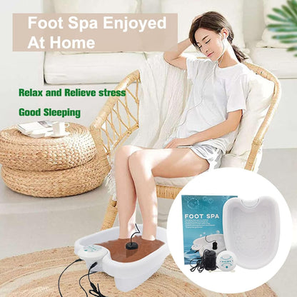 Woman using a DetexFeet Ionic Foot Detox Machine at home with text indicating relaxation benefits.