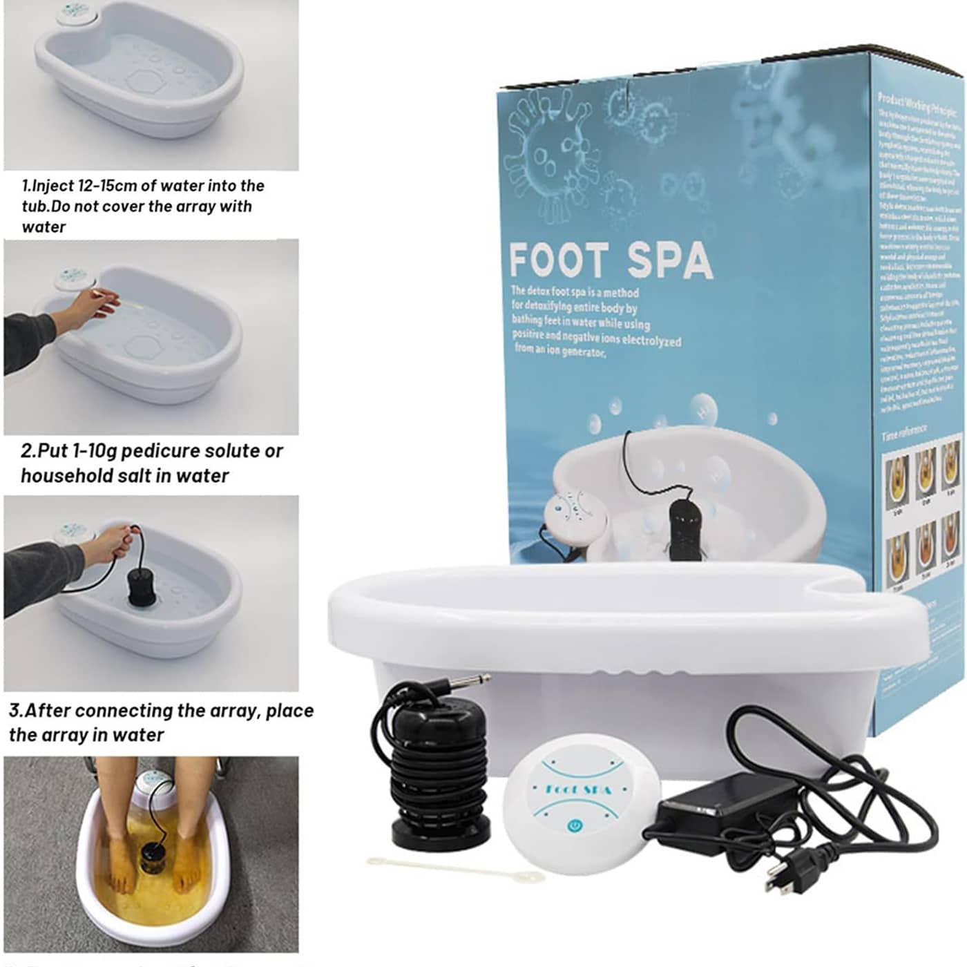 DetexFeet Ionic Foot Detox Machine with packaging and usage instructions on a white background
