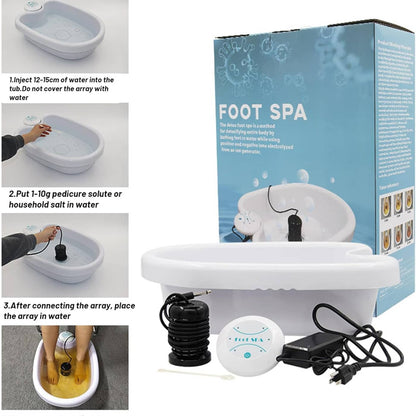 DetexFeet Ionic Foot Detox Machine with packaging and usage instructions on a white background