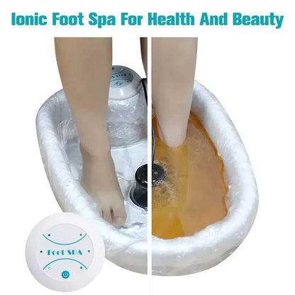 DetexFeet Ionic Foot Detox Machine with water and a control panel, labeled for health and beauty.
