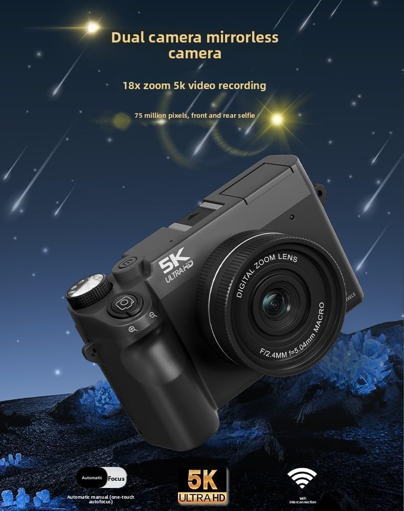 Black Divento Digital Camera mirrorless camera with 5K Ultra HD capabilities on a space-themed background