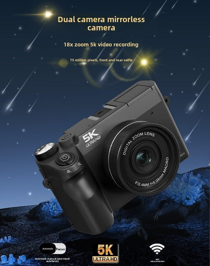 Black Divento Digital Camera mirrorless camera with 5K Ultra HD capabilities on a space-themed background