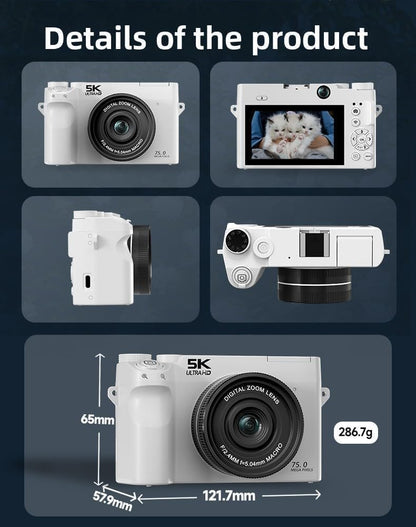 White Divento Digital Camera with various features and specifications displayed on a dark background