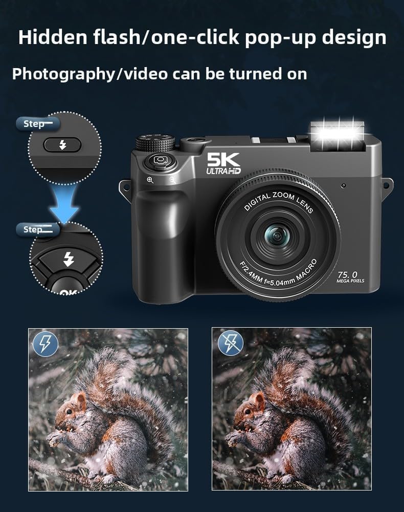 Divento Digital Camera with hidden flash design, showing before and after photos of a squirrel.