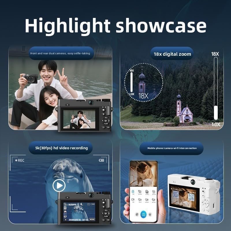 Divento Digital Camera highlight showcase with features like 18x digital zoom and 5K HD video recording.