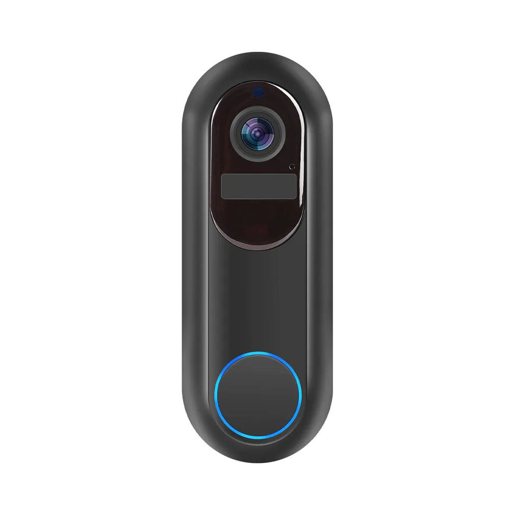 A sleek, black oval-shaped smart security Dooric Pro Doorbell with a prominent blue illuminated ring at the bottom and a glossy camera lens at the top, shown against a solid white background.
