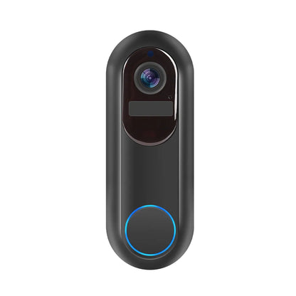 A sleek, black oval-shaped smart security Dooric Pro Doorbell with a prominent blue illuminated ring at the bottom and a glossy camera lens at the top, shown against a solid white background.