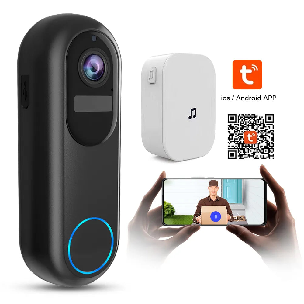 Dooric Pro Doorbell with app icons and QR code on a white background