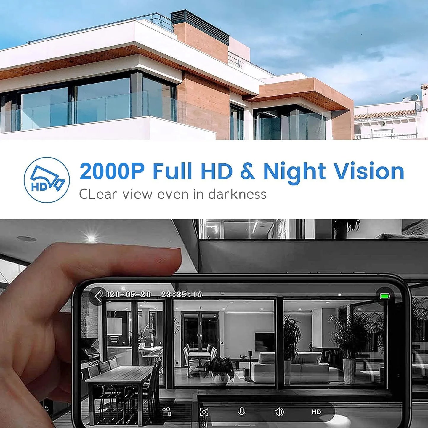 Modern building with 1080P Full HD & Night Vision text overlay, showing a smartphone camera view.