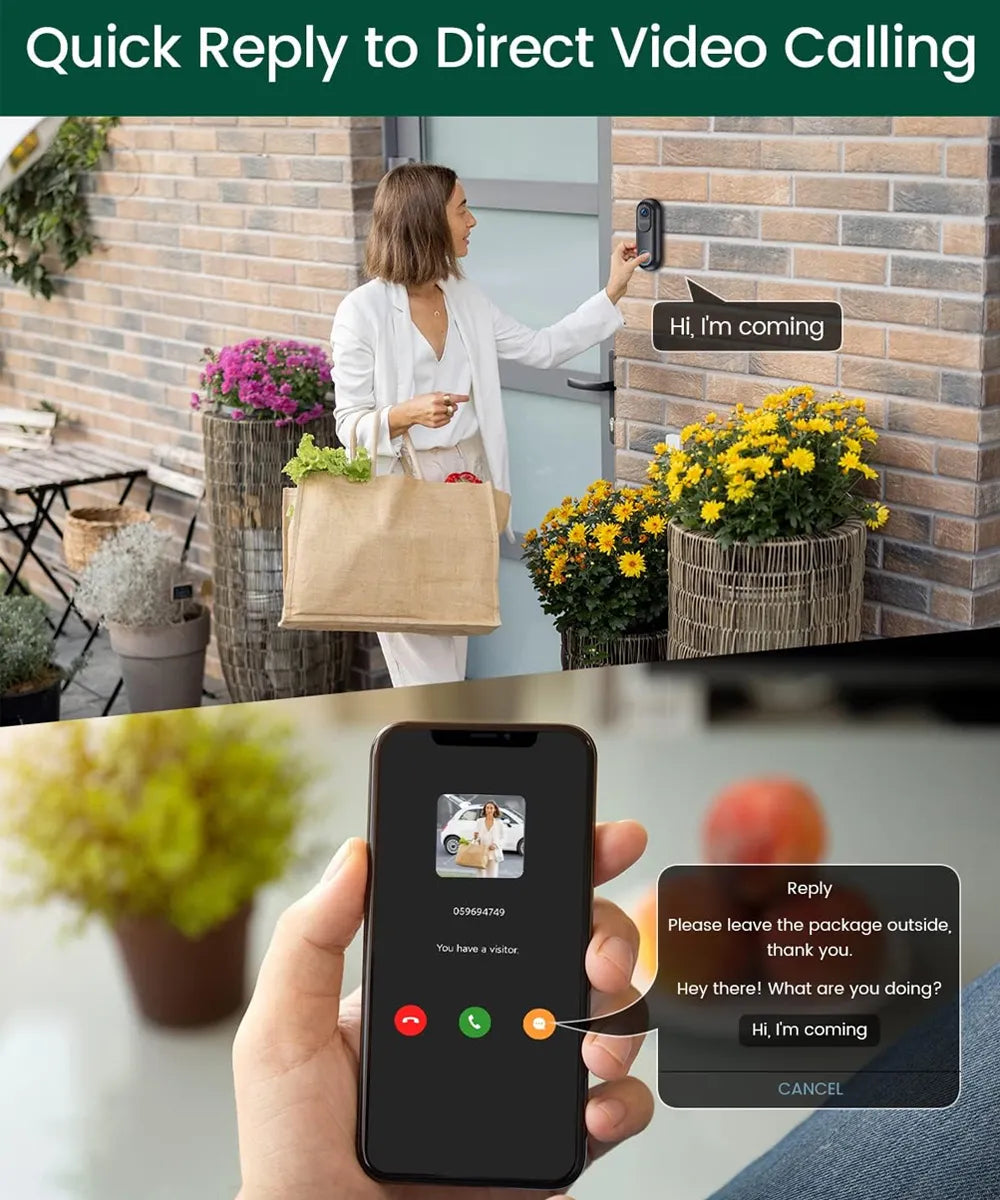 Woman answering a video call outdoors with a phone, followed by a close-up of a phone screen with a video call interface.