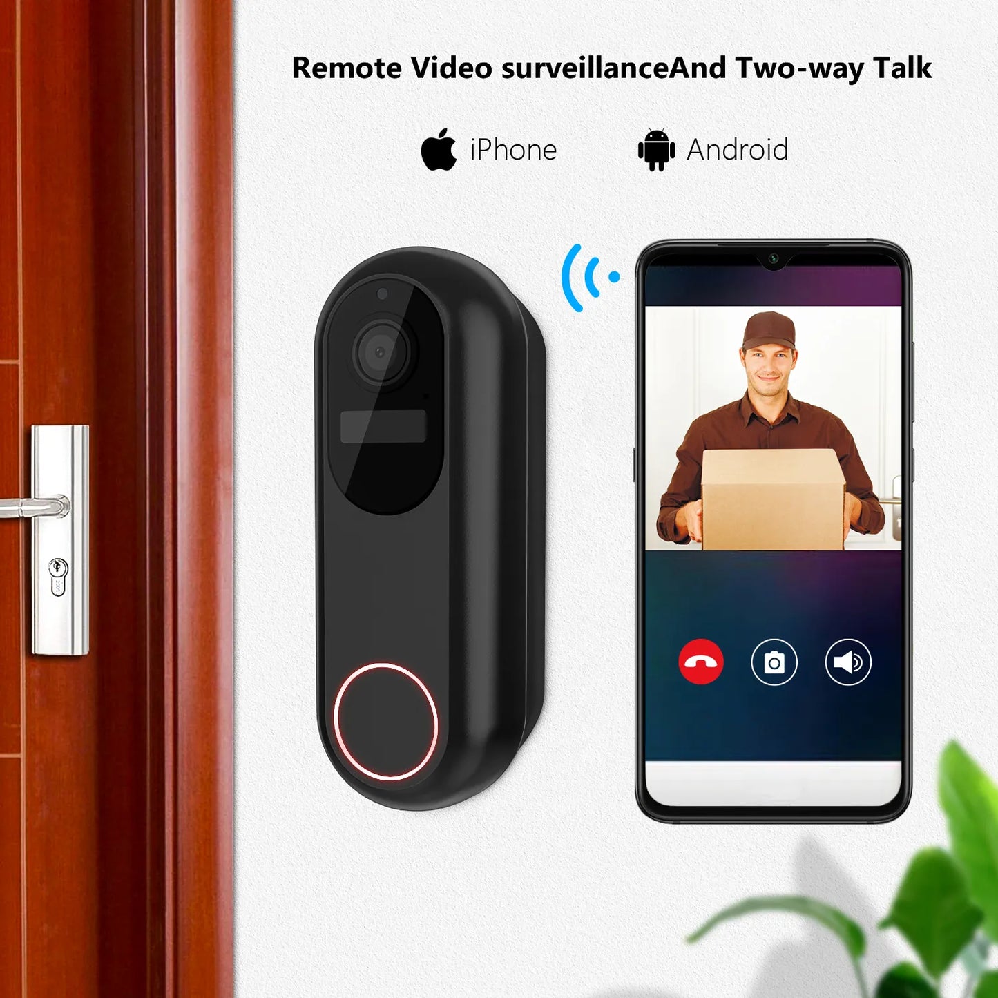 Smart Dooric Pro Doorbell with remote video surveillance and two-way talk feature on smartphone screen, showing a person with a package.