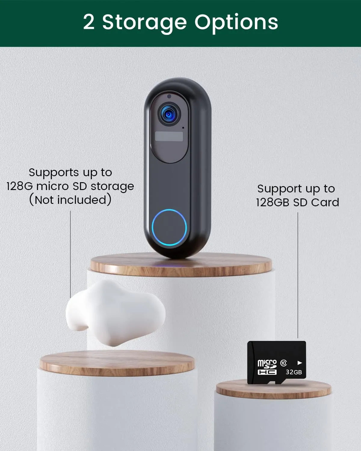 A compact black security Dooric Pro Doorbell with a blue ring accent is displayed on a white pedestal with text explaining storage options. The image shows two storage options: 128GB microSD storage (not included) and a 128GB SD card.