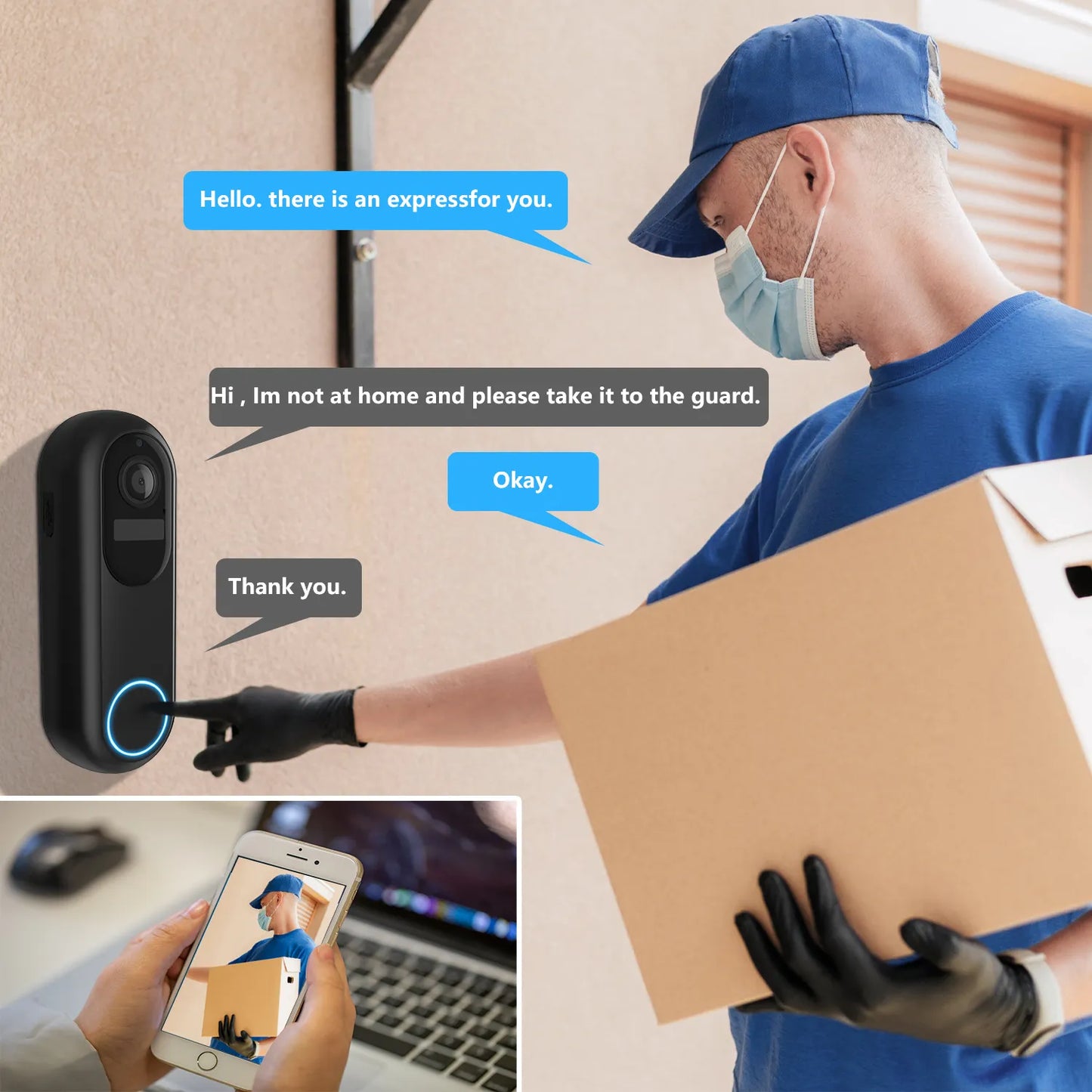Person with a package interacting with a Dooric Pro Doorbell system, with text bubbles indicating a conversation.