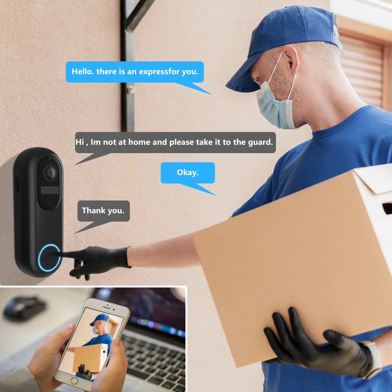Person with a package interacting with a Dooric Pro Doorbell system, with text bubbles indicating a conversation.