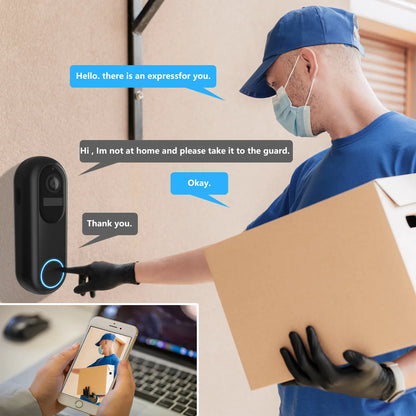 Person with a package interacting with a Dooric Pro Doorbell system, with text bubbles indicating a conversation.