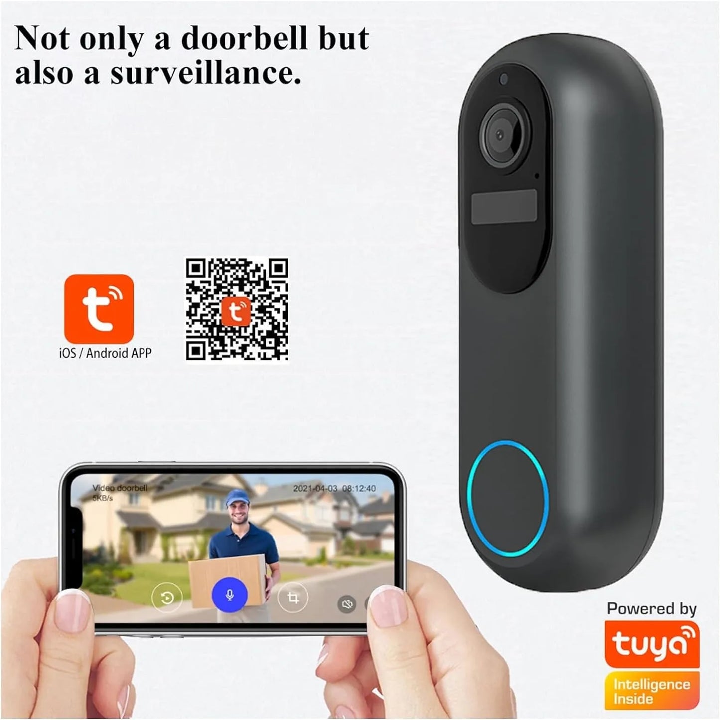 A black smart Dooric Pro Doorbell with a circular blue illuminated ring, shown next to a smartphone displaying a live video feed. The image includes text reading 'Not only a doorbell but also a surveillance.