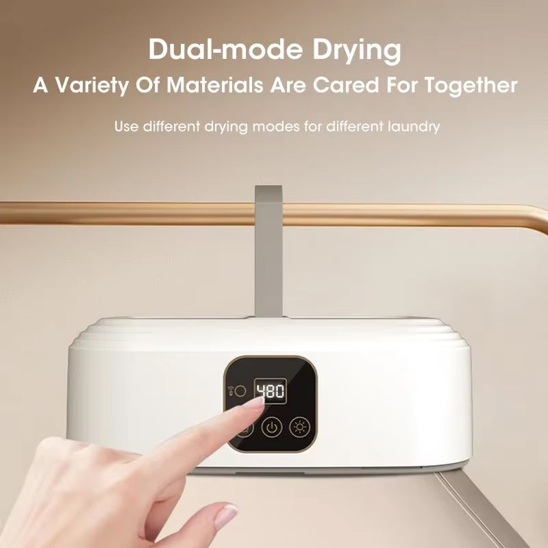 DryTekco Foldable Dryer with digital display and hand interacting with it, on a beige background.