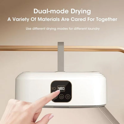 DryTekco Foldable Dryer with digital display and hand interacting with it, on a beige background.