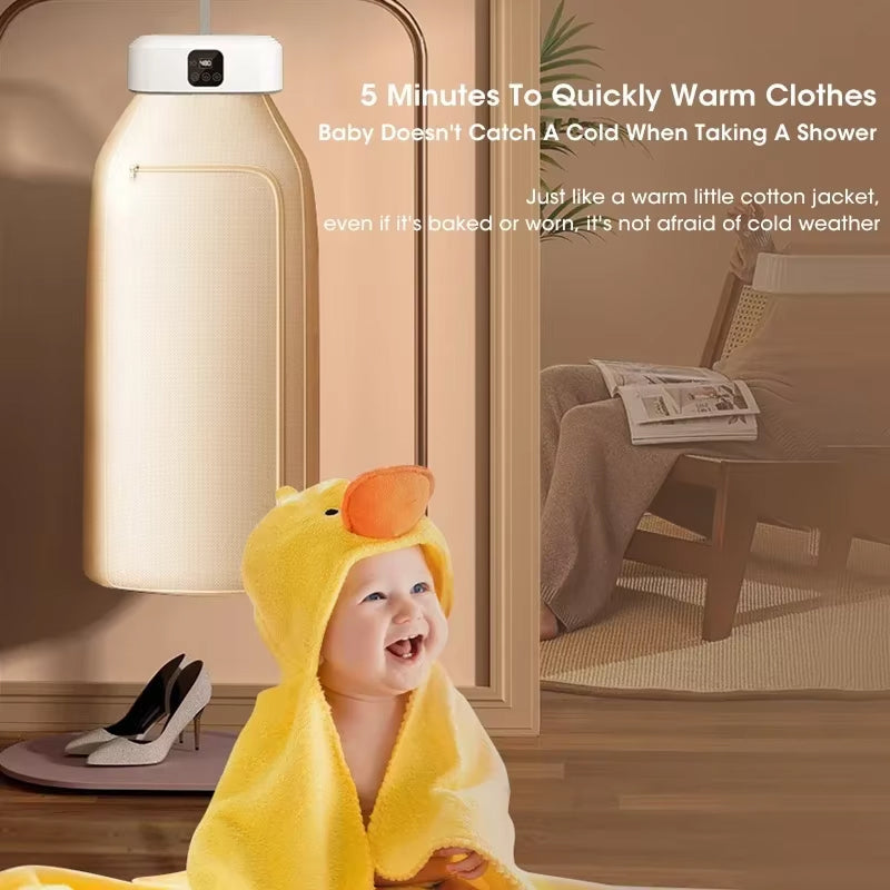 Baby wrapped in a yellow towel with duck design, standing in a bathroom.
