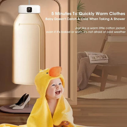 Baby wrapped in a yellow towel with duck design, standing in a bathroom.