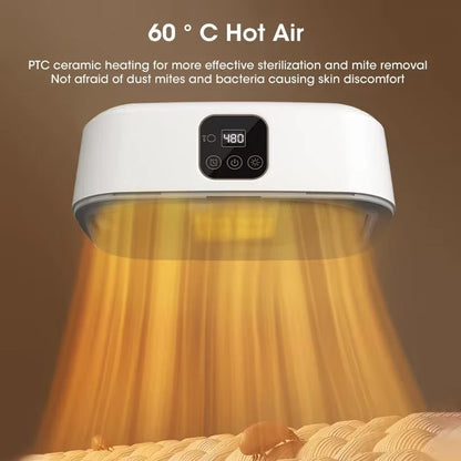 Hot DryTekco Foldable Dryer emitting heat with text about PTC ceramic heating on a brown background