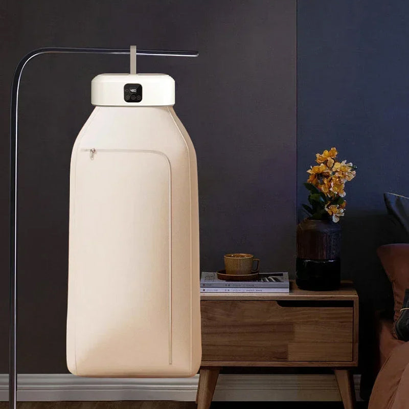 Modern DryTekco Foldable Dryer with a white cylindrical shade in a room setting.