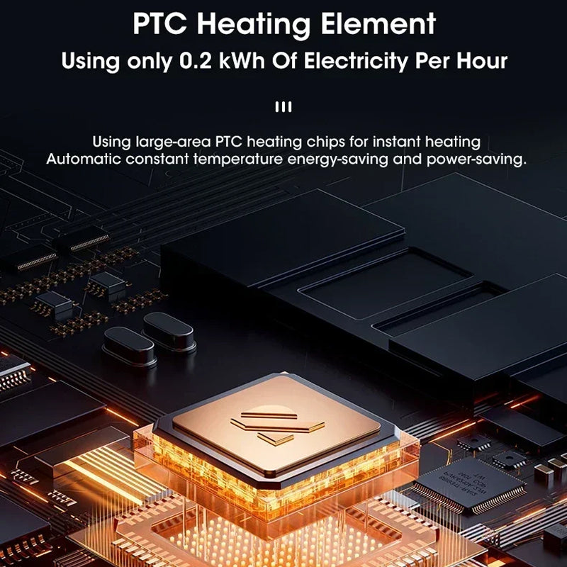 PTC heating element on a circuit board with text about energy efficiency.