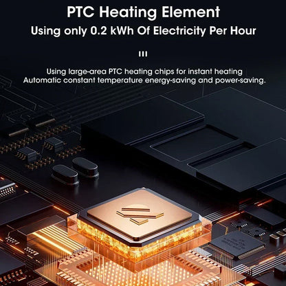 PTC heating element on a circuit board with text about energy efficiency.