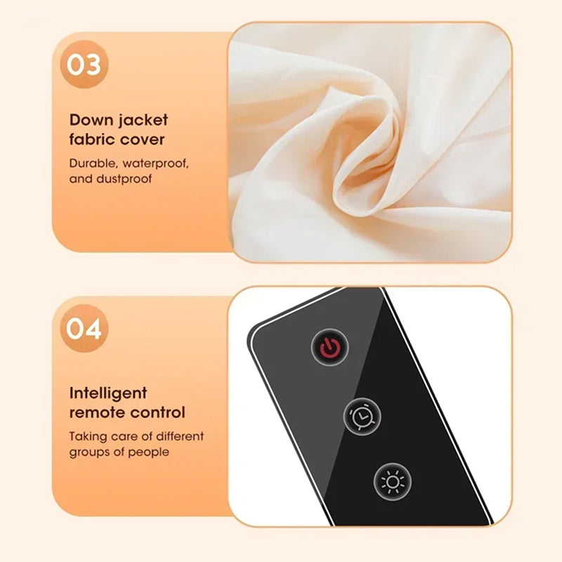 Down jacket fabric cover and intelligent remote control with text on a beige background