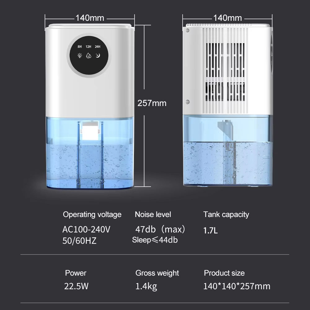 DryZon Dehumidifier with dimensions and specifications on a dark background