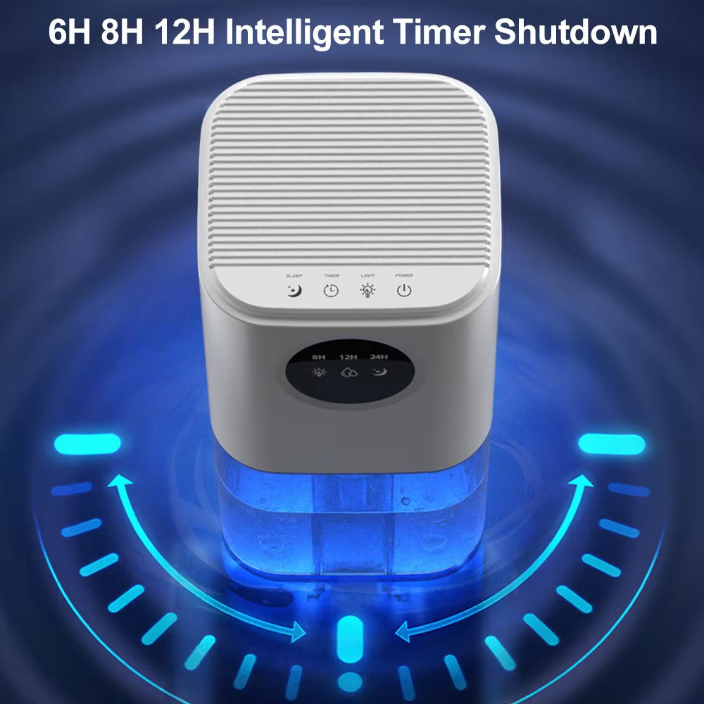 White DryZon Dehumidifier with digital display on a blue swirling background, featuring text about intelligent timer shutdown.