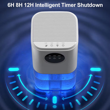 White DryZon Dehumidifier with digital display on a blue swirling background, featuring text about intelligent timer shutdown.