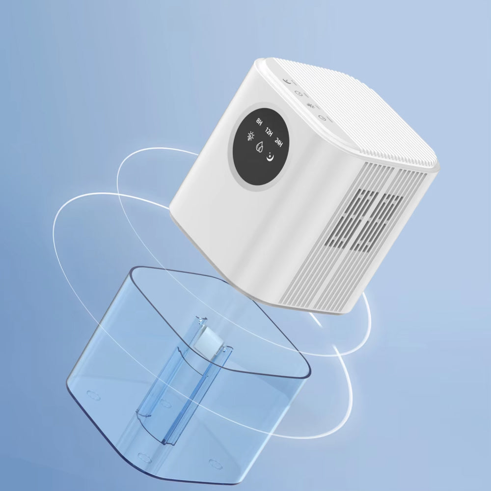 White DryZon Dehumidifier with a clear water container on a light blue background