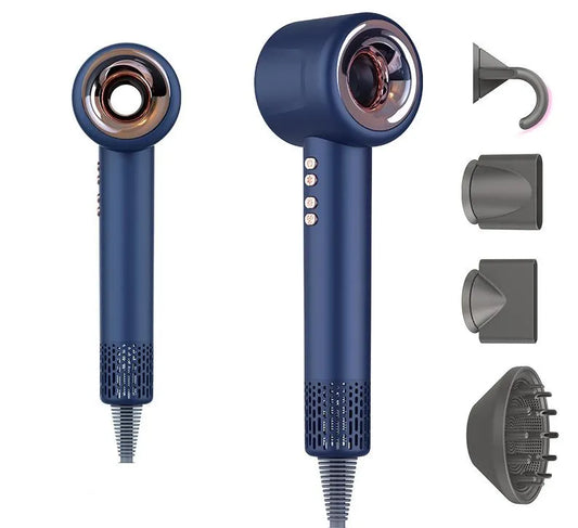 Blue Drylos Hair Dryer with multiple attachments on a white background
