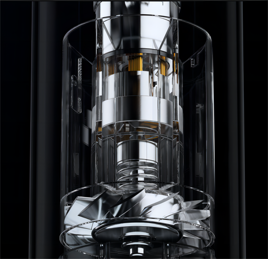 A close-up studio shot of a transparent cylindrical product with reflective silver metallic inner components and a clear outer shell, set against a dark black background.