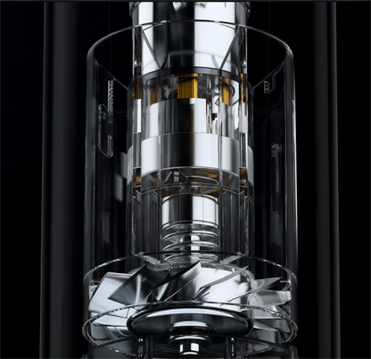 A close-up studio shot of a transparent cylindrical product with reflective silver metallic inner components and a clear outer shell, set against a dark black background.