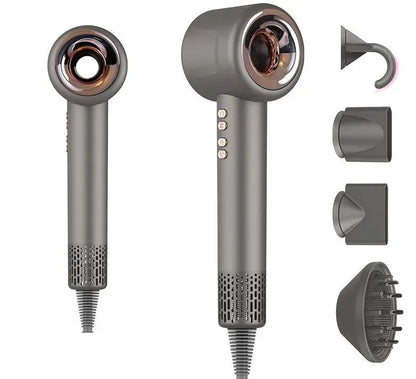 A gray Drylos Hair Dryer shown from two angles with four attachment nozzles displayed on the right, on a plain white background.