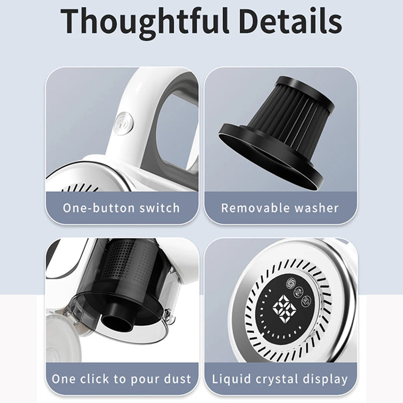 Four-panel feature graphic for a DustiTrix Cordless Vacuum Cleaner with labels reading 'Thoughtful Details,' showing a one-button switch, removable washer, one-click dust collection, and a liquid crystal display.