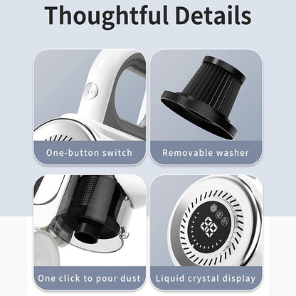 Four-panel feature graphic for a DustiTrix Cordless Vacuum Cleaner with labels reading 'Thoughtful Details,' showing a one-button switch, removable washer, one-click dust collection, and a liquid crystal display.