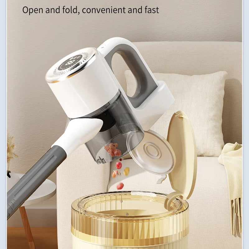 A handheld DustiTrix Cordless Vacuum Cleaner with a transparent dust bin and white and gray body is shown above a gold-colored trash can in a living room setting, with the lid open. Text at the top reads 'Open and fold, convenient and fast'.