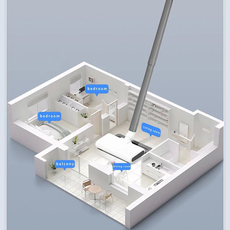 A 3D architectural floor plan rendering of a modern open-plan apartment layout, showing labeled rooms including bedroom, living room, dining room, and balcony, with a tall silver pole extending from above the floor plan.