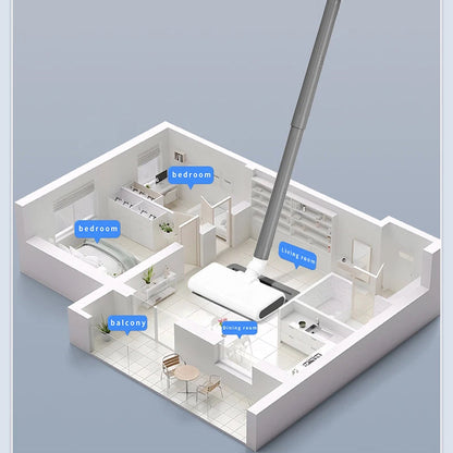 A 3D architectural floor plan rendering of a modern open-plan apartment layout, showing labeled rooms including bedroom, living room, dining room, and balcony, with a tall silver pole extending from above the floor plan.