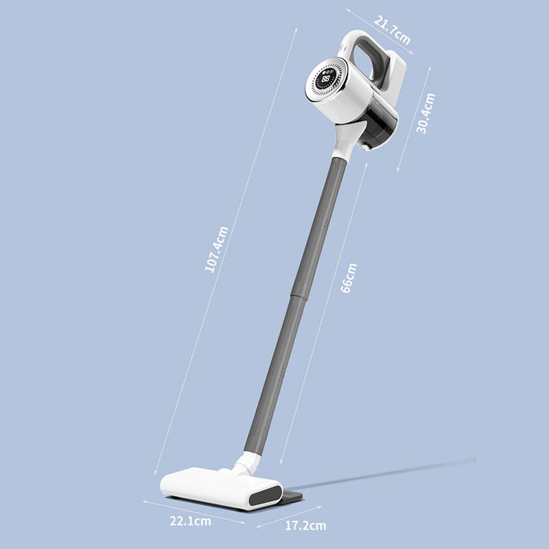 A DustiTrix Cordless Vacuum Cleaner shown on a light blue background with overlaid dimension labels and measurement lines indicating height, width, and depth.
