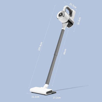 A DustiTrix Cordless Vacuum Cleaner shown on a light blue background with overlaid dimension labels and measurement lines indicating height, width, and depth.