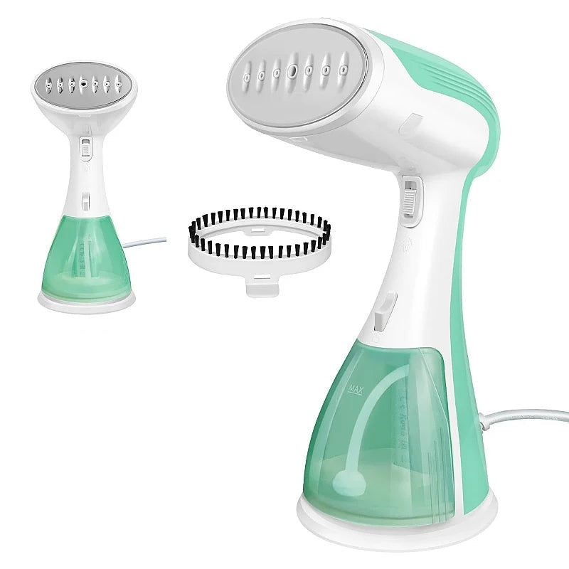 Green and white E-Iron Vertical Steamer with attachments on a white background
